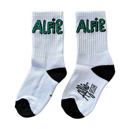 Alfie White Echo Socks with Green Alfie Logo in Kids and Adults Sizes