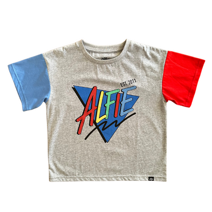 Alfie Bermuda Tee Kids Grey Tee with Blue and Red Sleeves