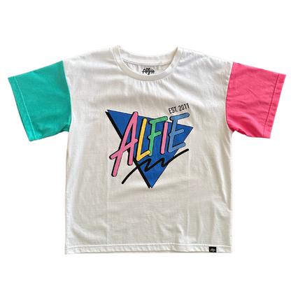 Alfie Bermuda Tee Kids White Tee with Pink and Aqua Sleeves