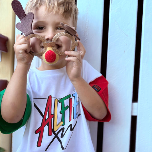 Alfie Christmas Tee White TShirt with Red and Green Sleeve Kids Christmas
