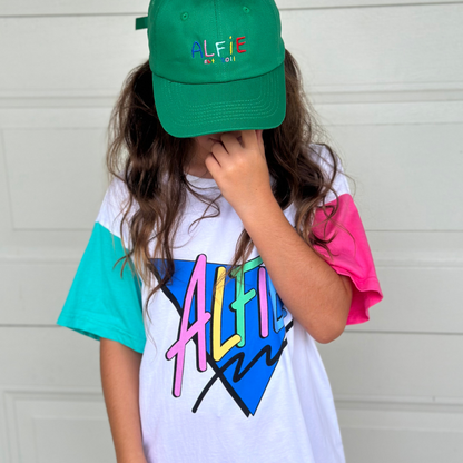 Alfie Bermuda Tee White Kids TShirt with Pink and Aqua Sleeves