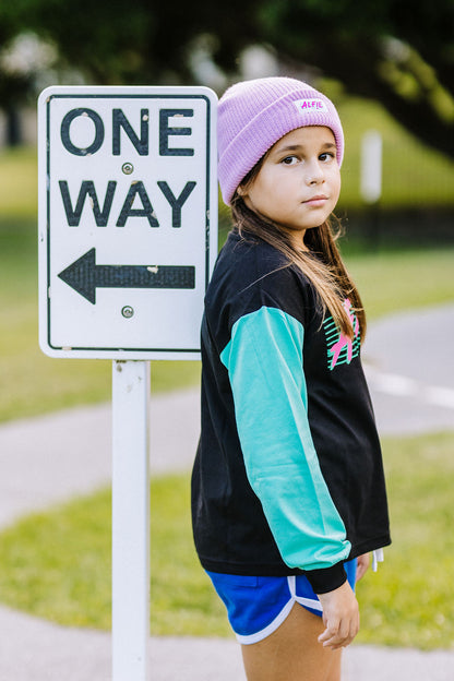 Alfie Radness Madness Black Kids Tee with Pink and Aqua Sleeves and Black Cuffs