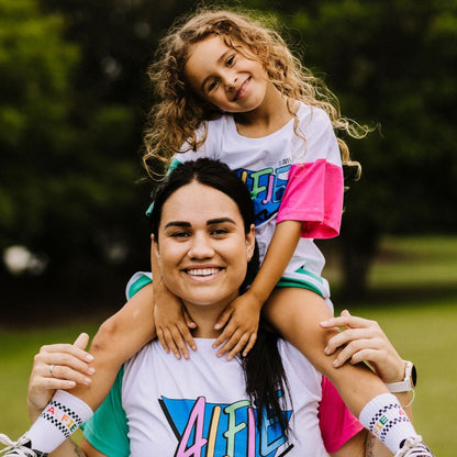 Alfie Rad Bermuda Tee - Kids White T-Shirt with Pink & Aqua Sleeves and Alfie Logo