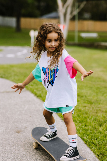 Alfie Rad Bermuda Tee - Kids White T-Shirt with Pink & Aqua Sleeves and Alfie Logo