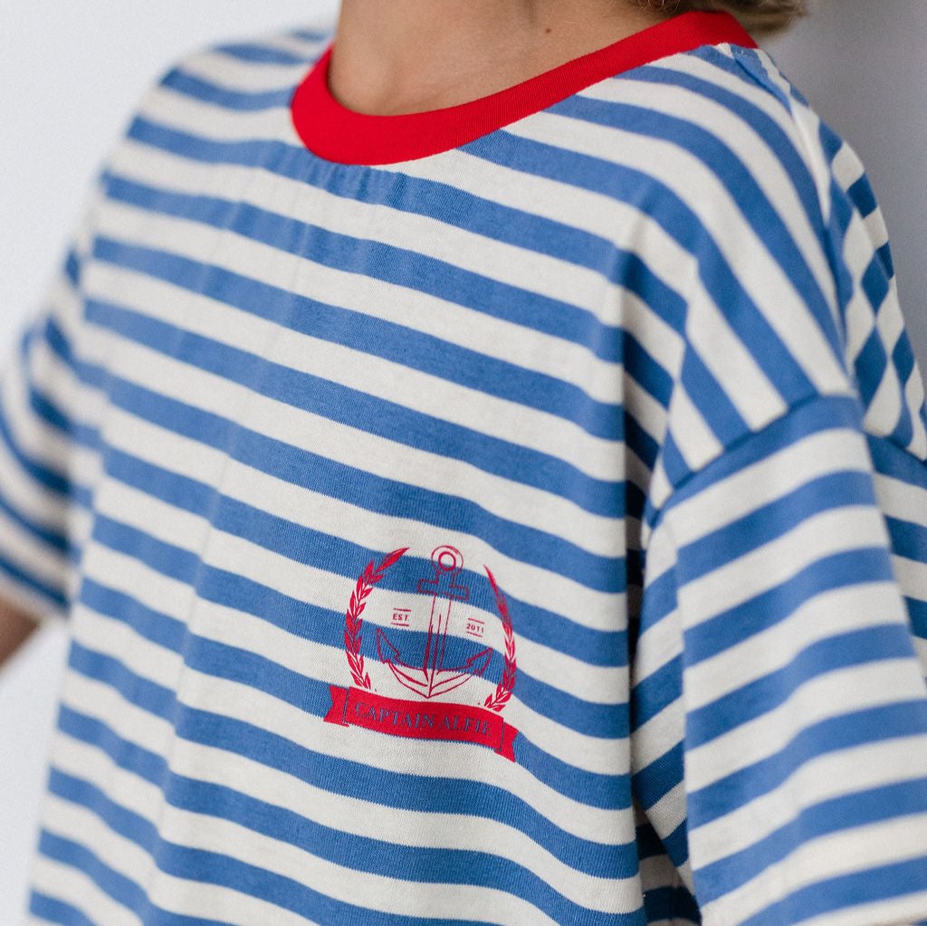 Cpatain Alfie Blue & White Striped Kids Tee With Red Trim