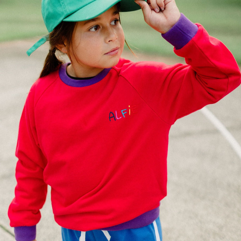 Alfie Red Joey Jumper French Terry Cotton Red Sweater with Purple Trim and Embroidered Logo