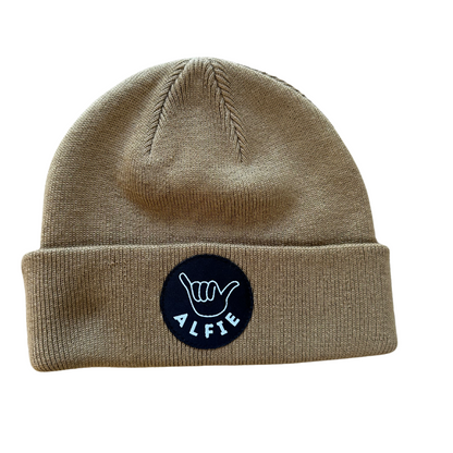 Cool Kids and Adults Tan Cotton Blend Alfie Beanie With Black Shaka Badge