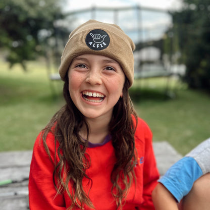 Cool Kids and Adults Tan Cotton Blend Alfie Beanie With Black Shaka Badge