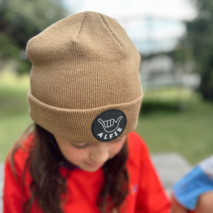 Cool Kids and Adults Tan Cotton Blend Alfie Beanie With Black Shaka Badge