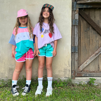 Kids Aqua Terry Cotton 70s Style Shorts With White Trim Available in sizes 0-10