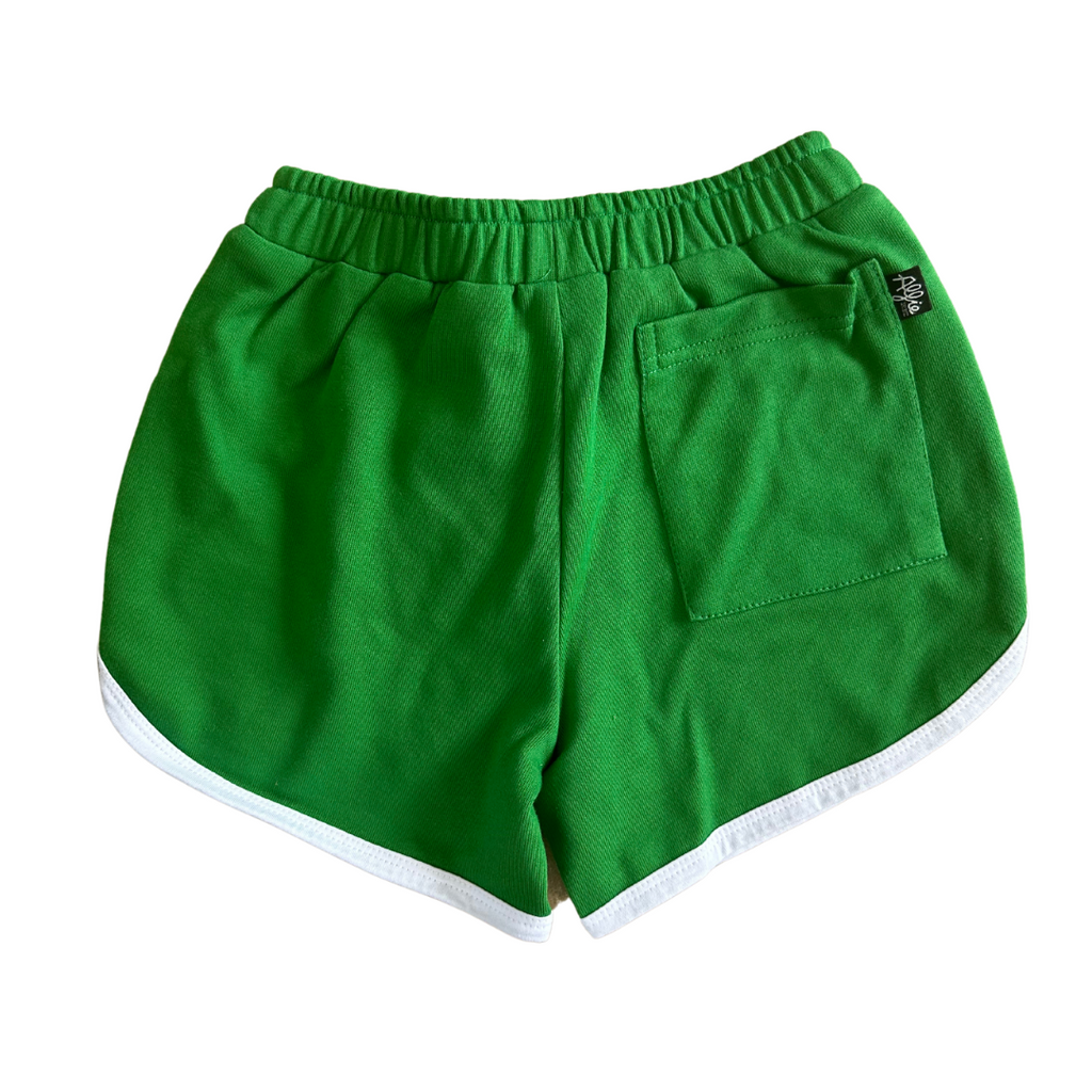Green Retro 70s Kids Shorts Modern Vibes Twist – - Alfie Est Alfie | Vintage 2011 with a