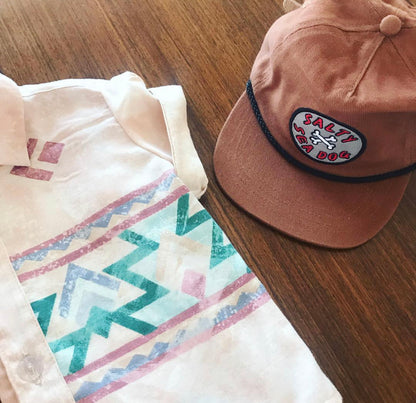 Alfie Salty Sea Dog Tan Cotton Twill 5 Panel Kids Cap Hat with Alfie Party Shirt . Designed in Australia.